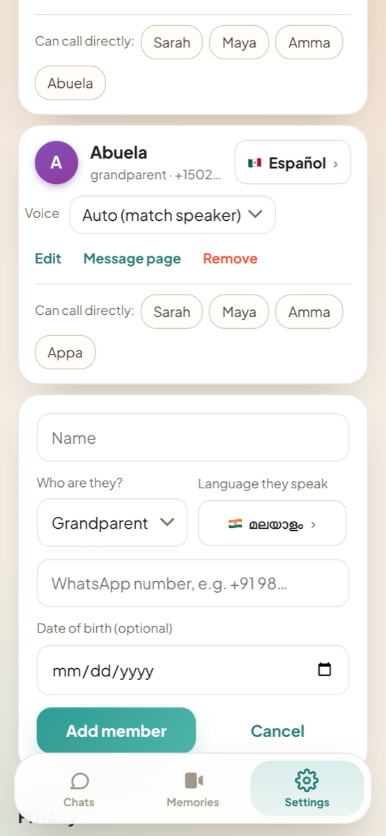 Adding a family member: name, who they are, and the language they speak